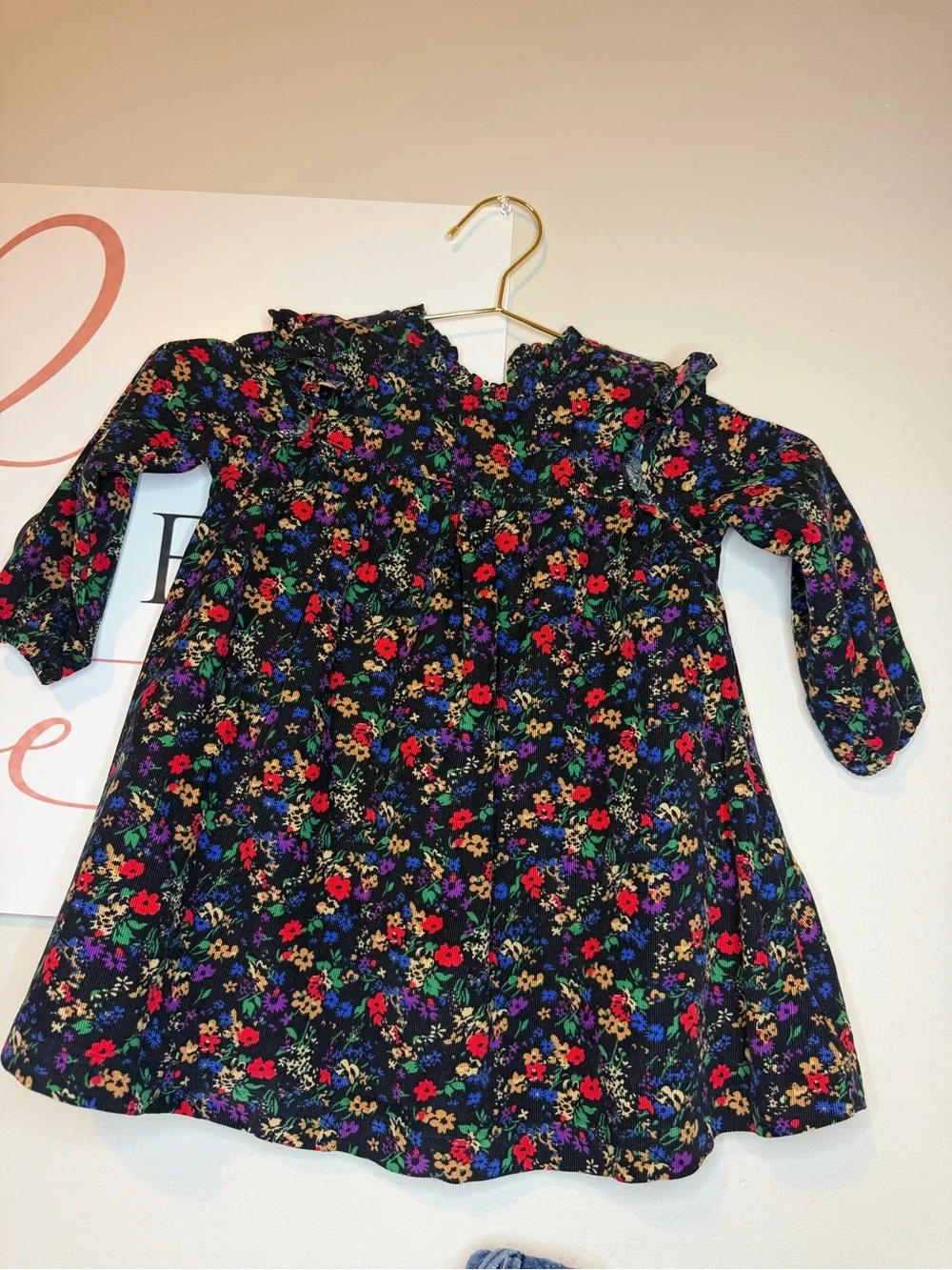 GAP Black Floral Ruffle Collar Long-Sleeve Dress